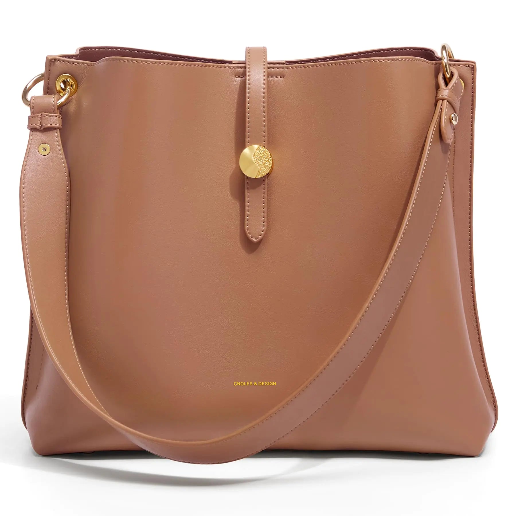 Genuine Leather Everyday Tote – Camel Brown with Gold Button Detail