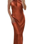 Size 4 Molten Muse Satin Gown – Rust Orange Halter Neck Backless Maxi Dress