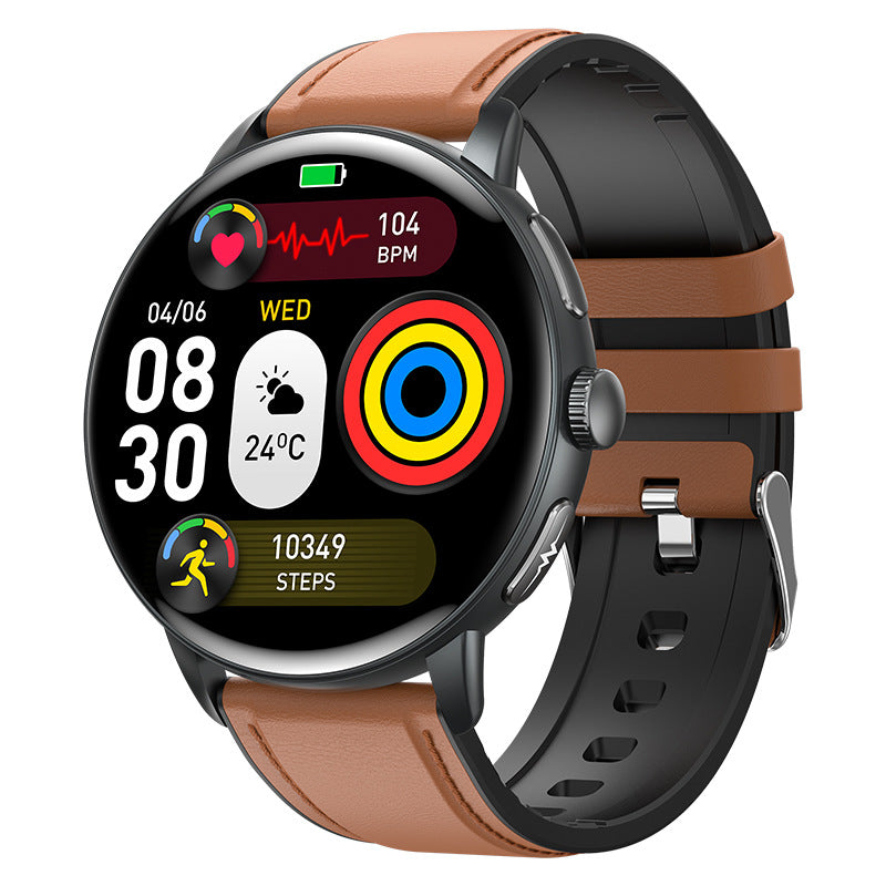 Brown leather smart fitness watch with round touchscreen display showing time, heart rate, calories, and step counter — features Bluetooth calling, health tracking, sleep monitor.