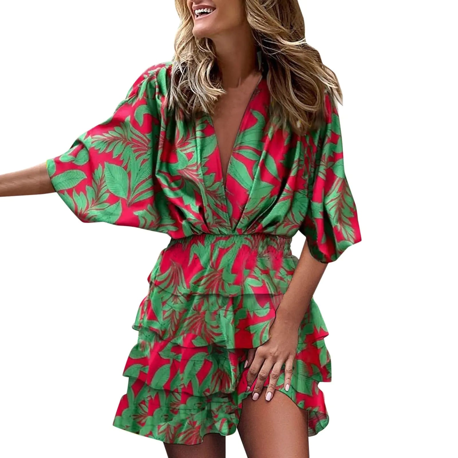 Boho V-Neck Floral Mini Dress- Size Large