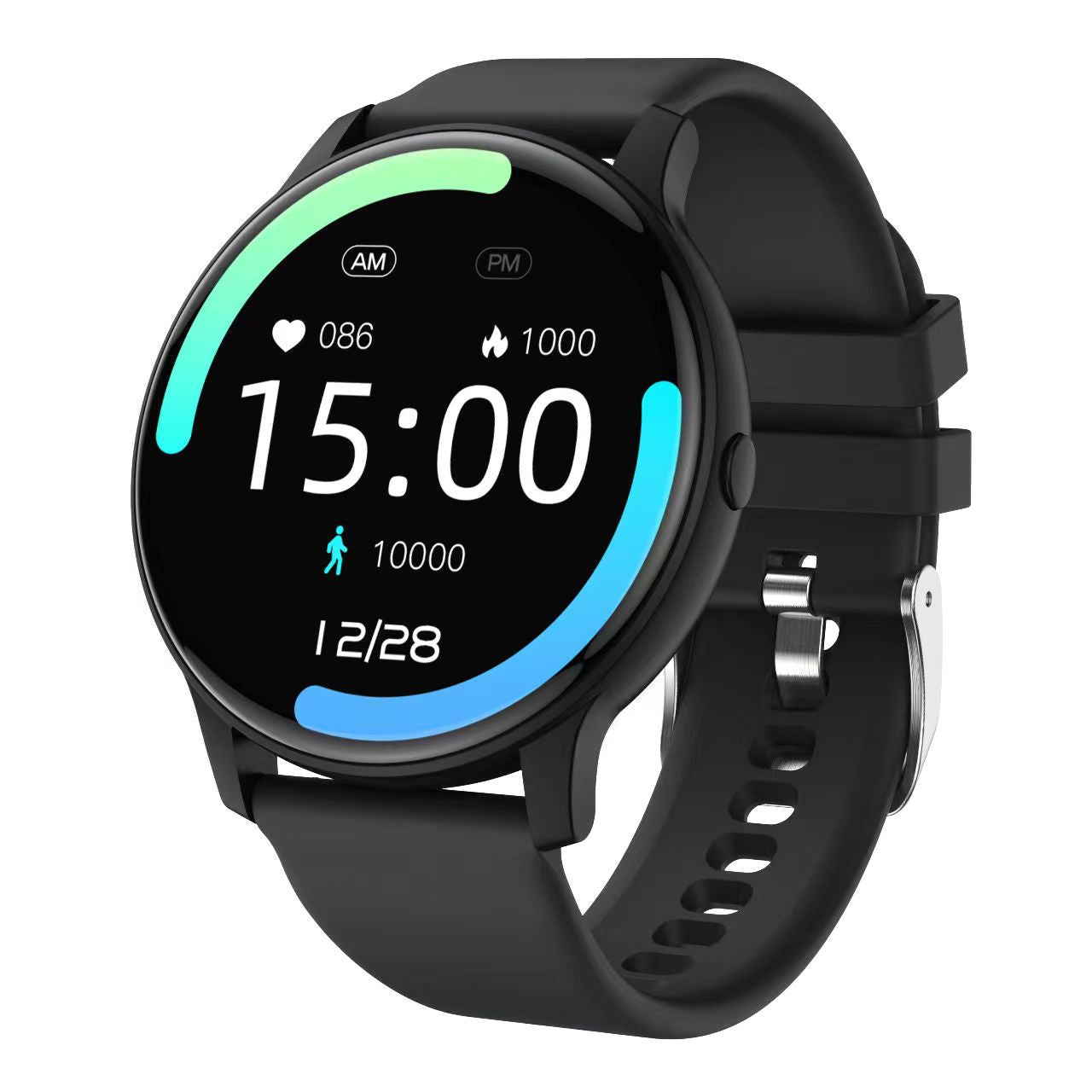 Black smart fitness watch with round touchscreen display showing time, heart rate, calories, and step counter — features Bluetooth calling, health tracking, sleep monitor.