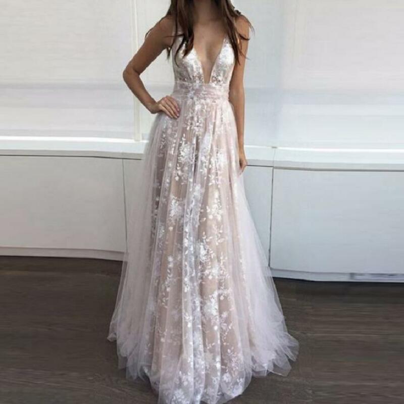 Apricot Lace Deep V-Neck Wedding Gown — alternate product view 7