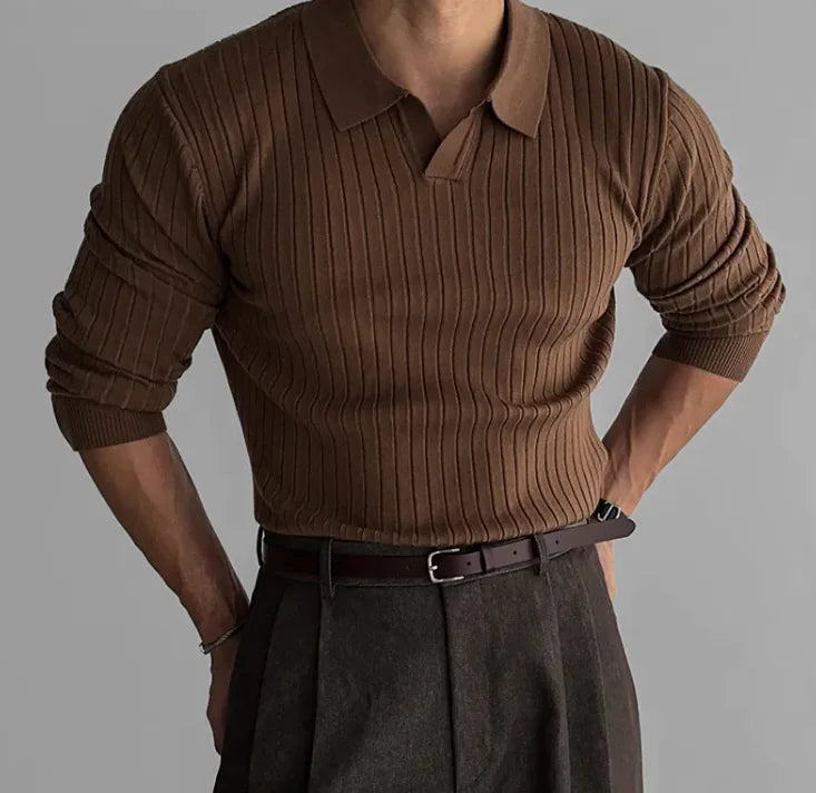 Men’s Classic Ribbed Knit Polo – Long Sleeve Slim Fit 