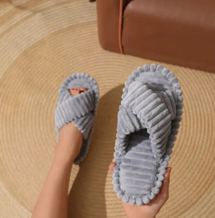 CloudSoft Corduroy Cross Slippers – Black Plush Slides