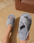 CloudSoft Corduroy Cross Slippers – Black Plush Slides