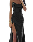 Stunning Black Strapless Satin Mermaid Dress with Slit