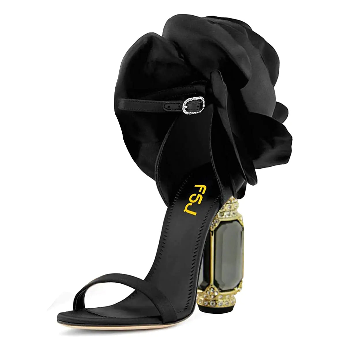 Chunky Block High Heel Ankle Strap Sandal with Flower 