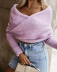 V-Neck Crossover Off-Shoulder Sweater - Multi-Color Trend