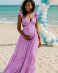 Lilac V Neck Chiffon Dress with Ruffles- Size 18