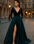 Teal Velvet Long Sleeve Dress with Pockets- Size 10