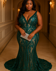 Sequin V Neck Mermaid Dress in Green- Size 22