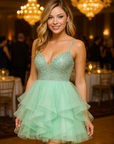 Light Green Tulle Beaded Short Prom Dress - Size 12