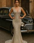 Mermaid V Neck Silver Sequin Evening Gown- Size 16