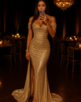 Glamorous Gold Mermaid Prom Dress with Slit- Size 16