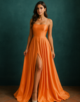 Chic Orange Satin A-Line Prom Dress with Slit and Pockets- Size 14
