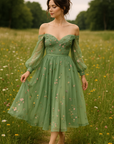 Green Floral Lace Off-Shoulder Tea Length Prom Dress- Size 10