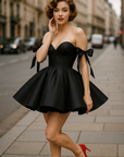 Size 12 Midnight Bloom Satin Mini Dress – Black Strapless Bow-Detail Party Dress
