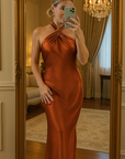 Size 4 Molten Muse Satin Gown – Rust Orange Halter Neck Backless Maxi Dress
