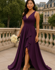 Size 4 Chic Purple Bridesmaid Dress- Featuring Slit & Ruffles