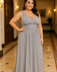 Size 26 V Neck Sleeveless Pleated Chiffon Maxi Dress
