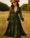 Playful Long Sleeve Boho Forest Green Maxi Dress- X Large