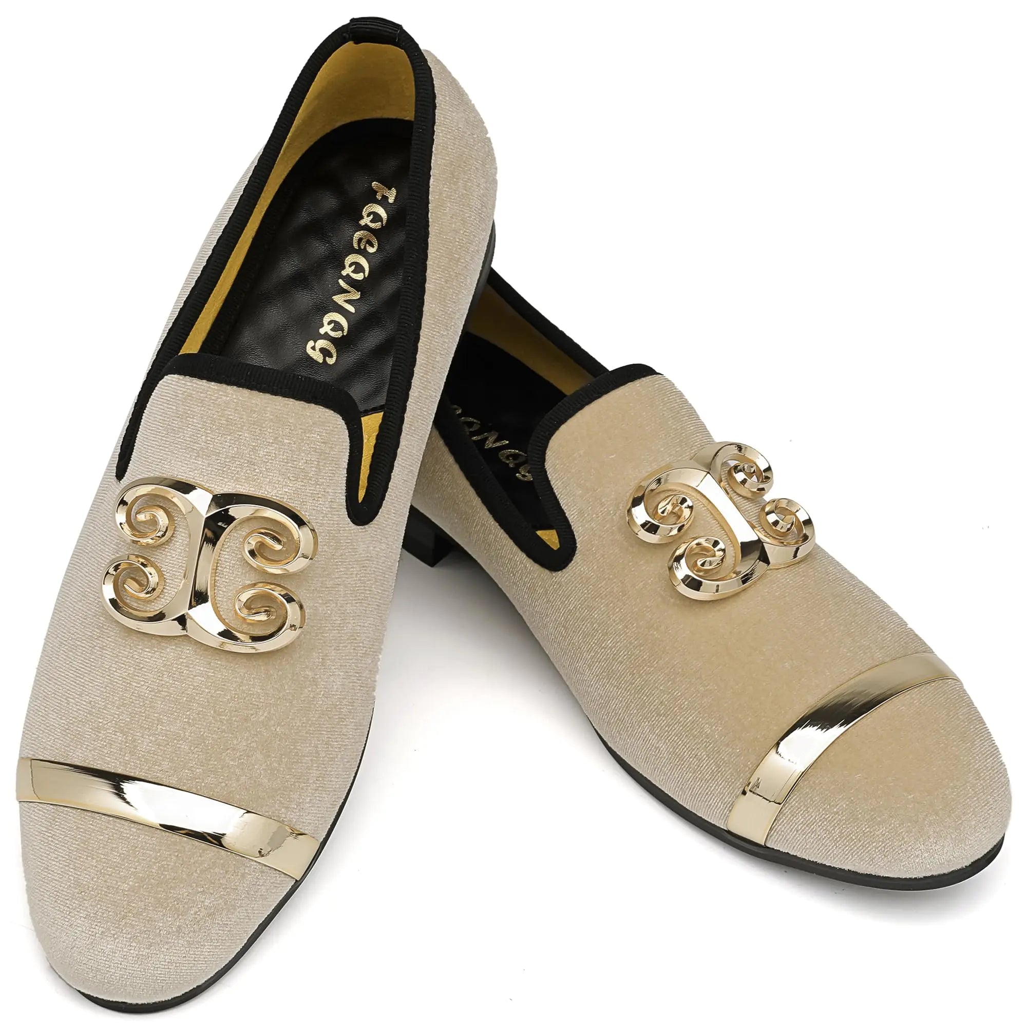 Chic Beige Velvet Loafers with Gold Buckle