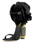 Chunky Block High Heel Ankle Strap Sandal with Flower 