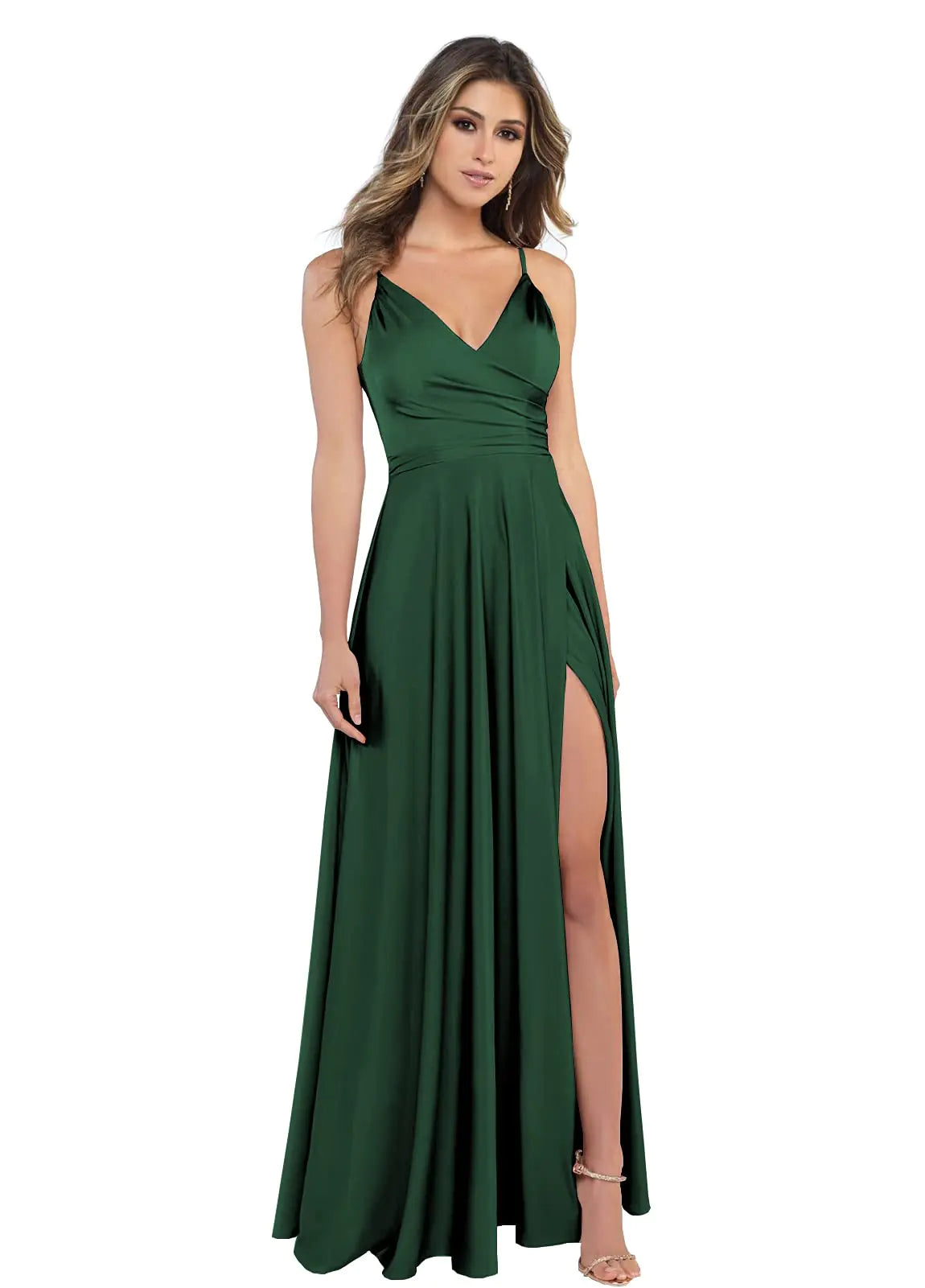 Emerald Green Satin Dress with Spaghetti Straps- Size 6