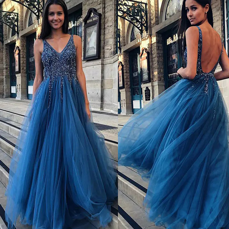 Deep-V Floor-Length Ball Gown with Luminescent Detail