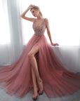 Deep-V Floor-Length Ball Gown with Luminescent Detail