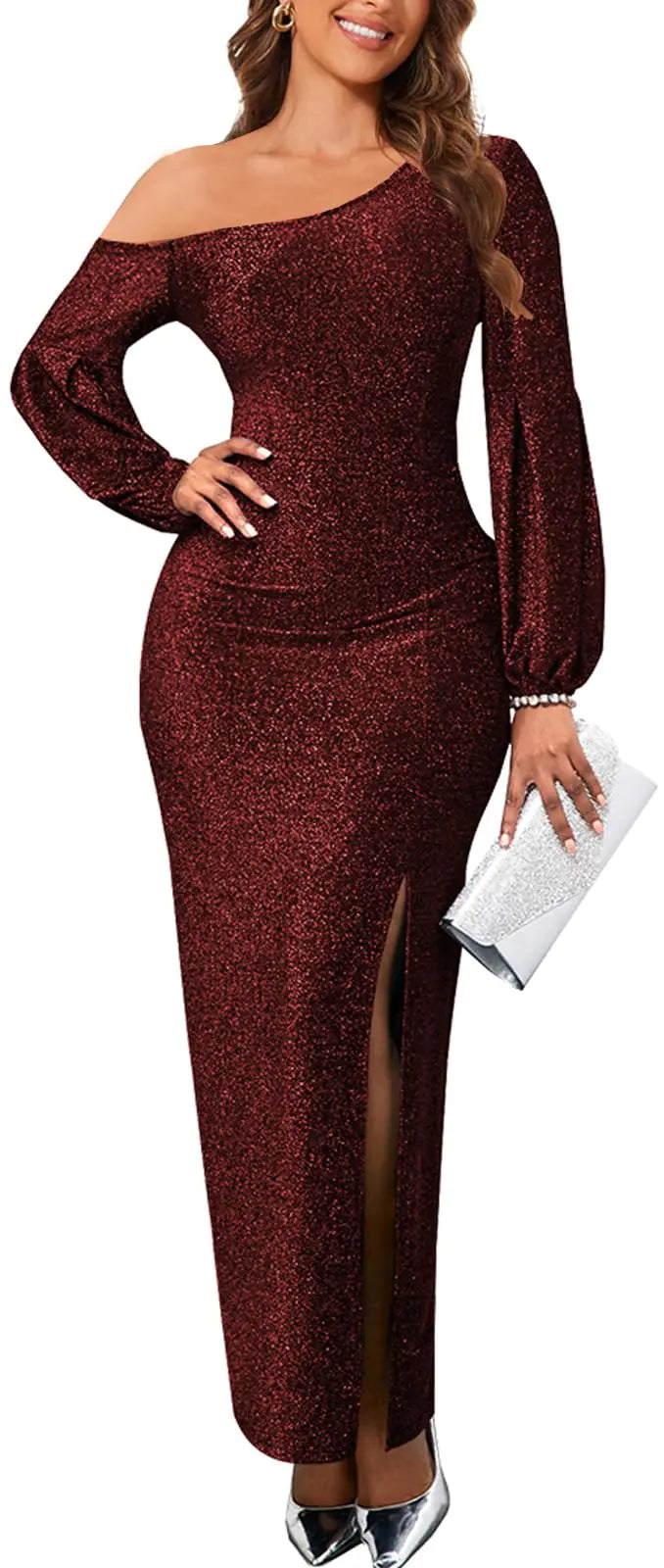Burgundy Sparkly Sequin Evening Gown with High Split