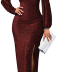 Burgundy Sparkly Sequin Evening Gown with High Split