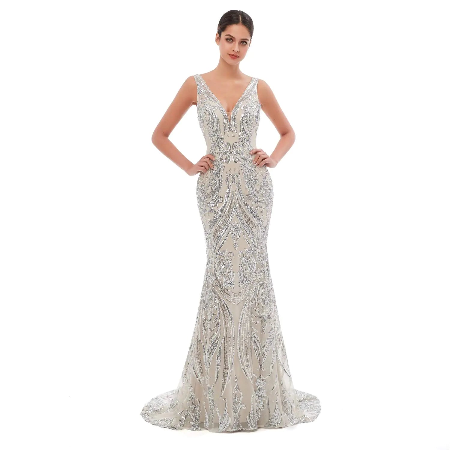 Mermaid V Neck Silver Sequin Evening Gown