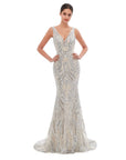 Mermaid V Neck Silver Sequin Evening Gown