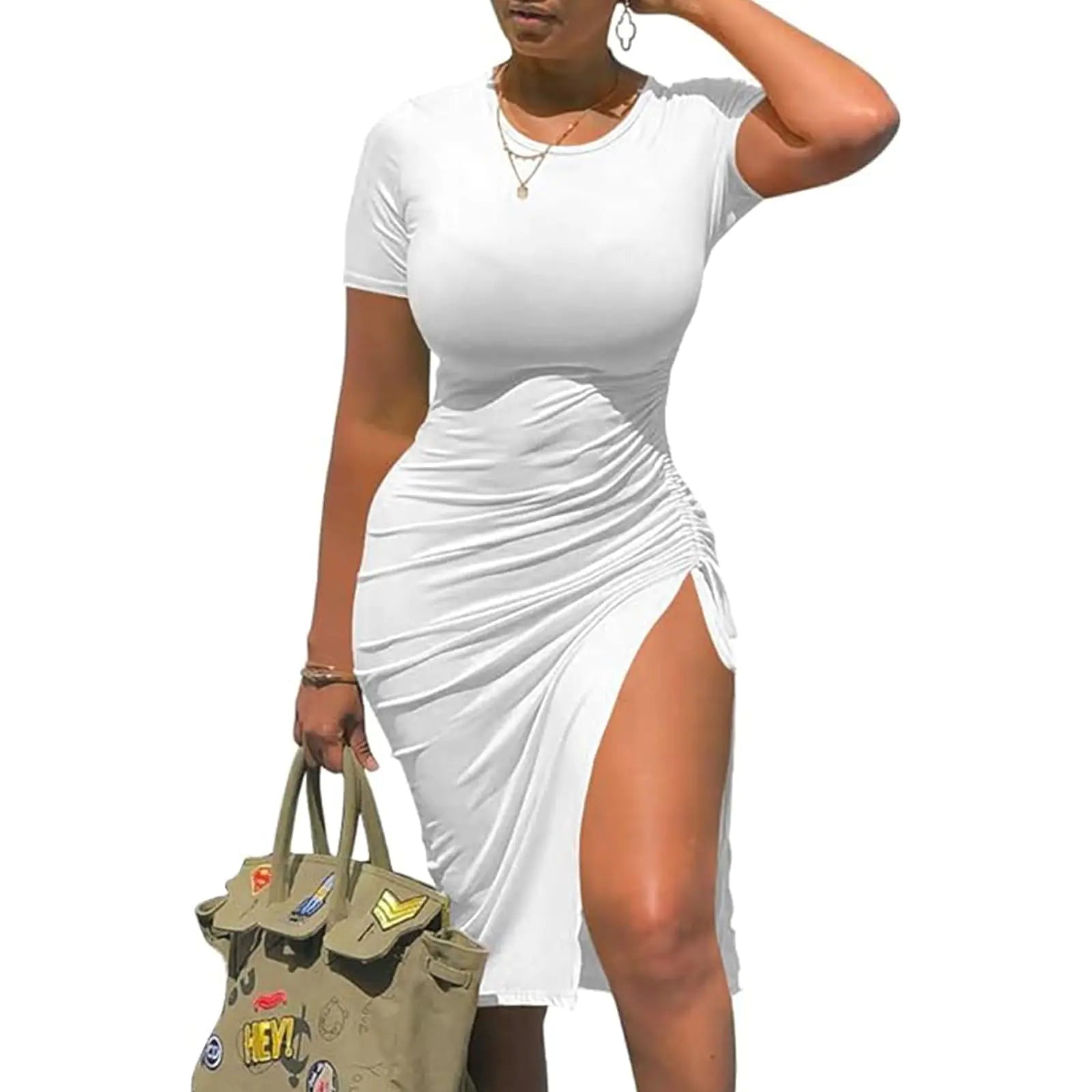 Flirty Summer Bodycon Dress with Drawstring- X Large