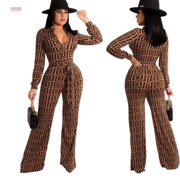 Vibe Maze Zip Jumpsuit – Long Sleeve Geometric Print Bodycon One-Piece