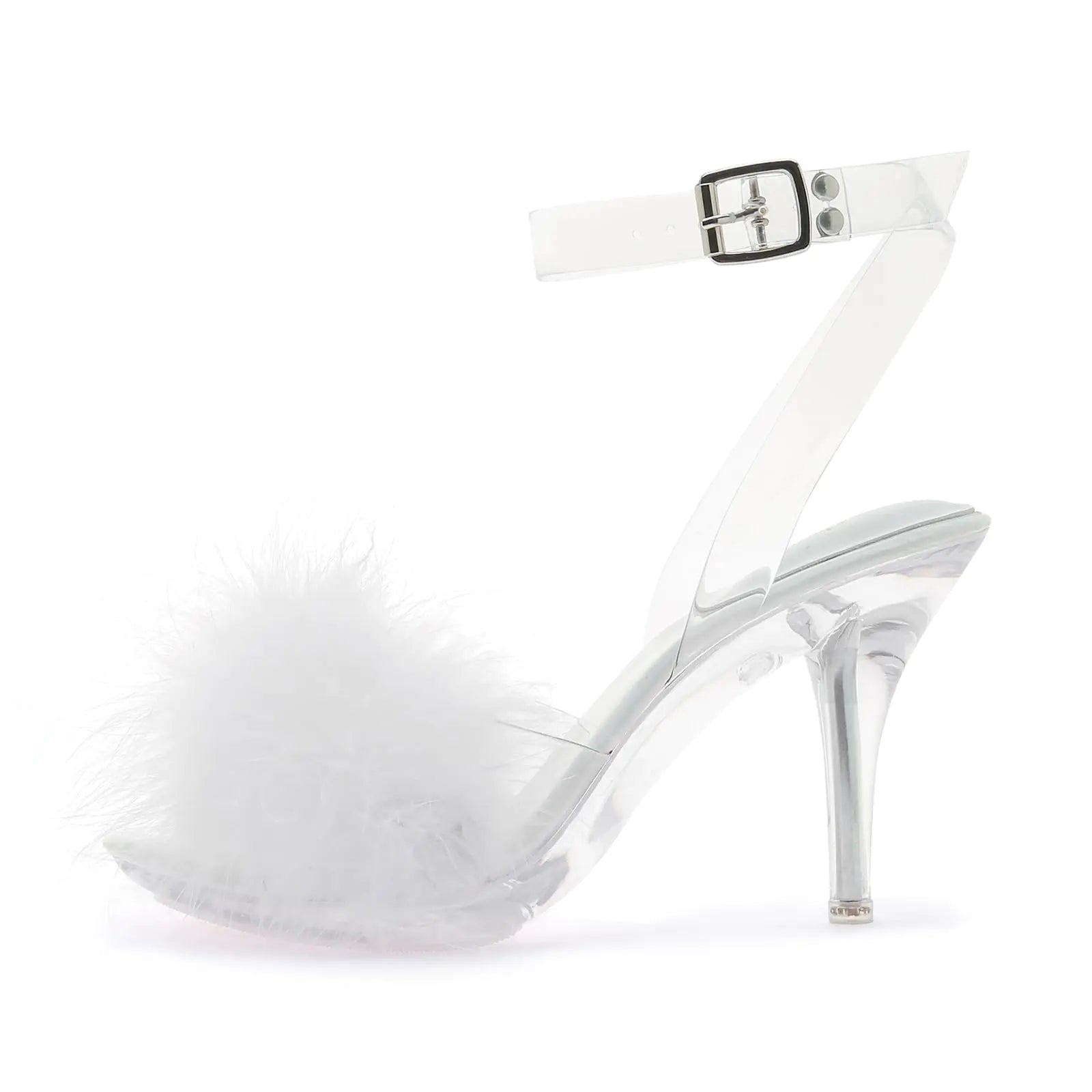 Fuzzy Feather Clear Heels - Playful Stiletto Sandals- Size 9