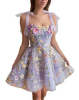 Fairy Bloom Floral Embroidered Dress – Pastel Tulle Mini with Bow Straps