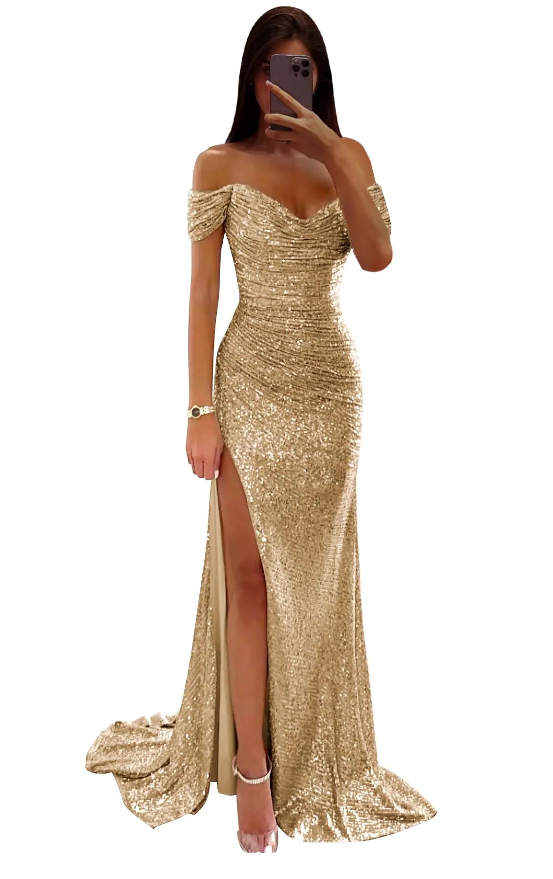 Glamorous Gold Mermaid Prom Dress with Slit- Size 16