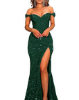 Emerald Green Off Shoulder Sequin Mermaid Gown