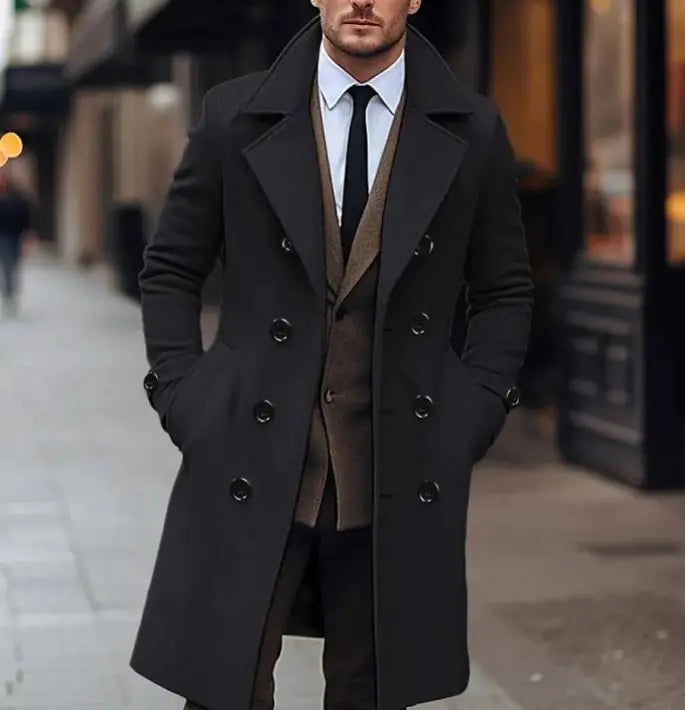 Classic Elegance – Men’s Long Double Breasted Woolen Coat