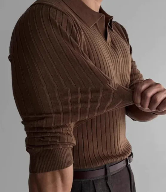 Men’s Classic Ribbed Knit Polo – Long Sleeve Slim Fit 