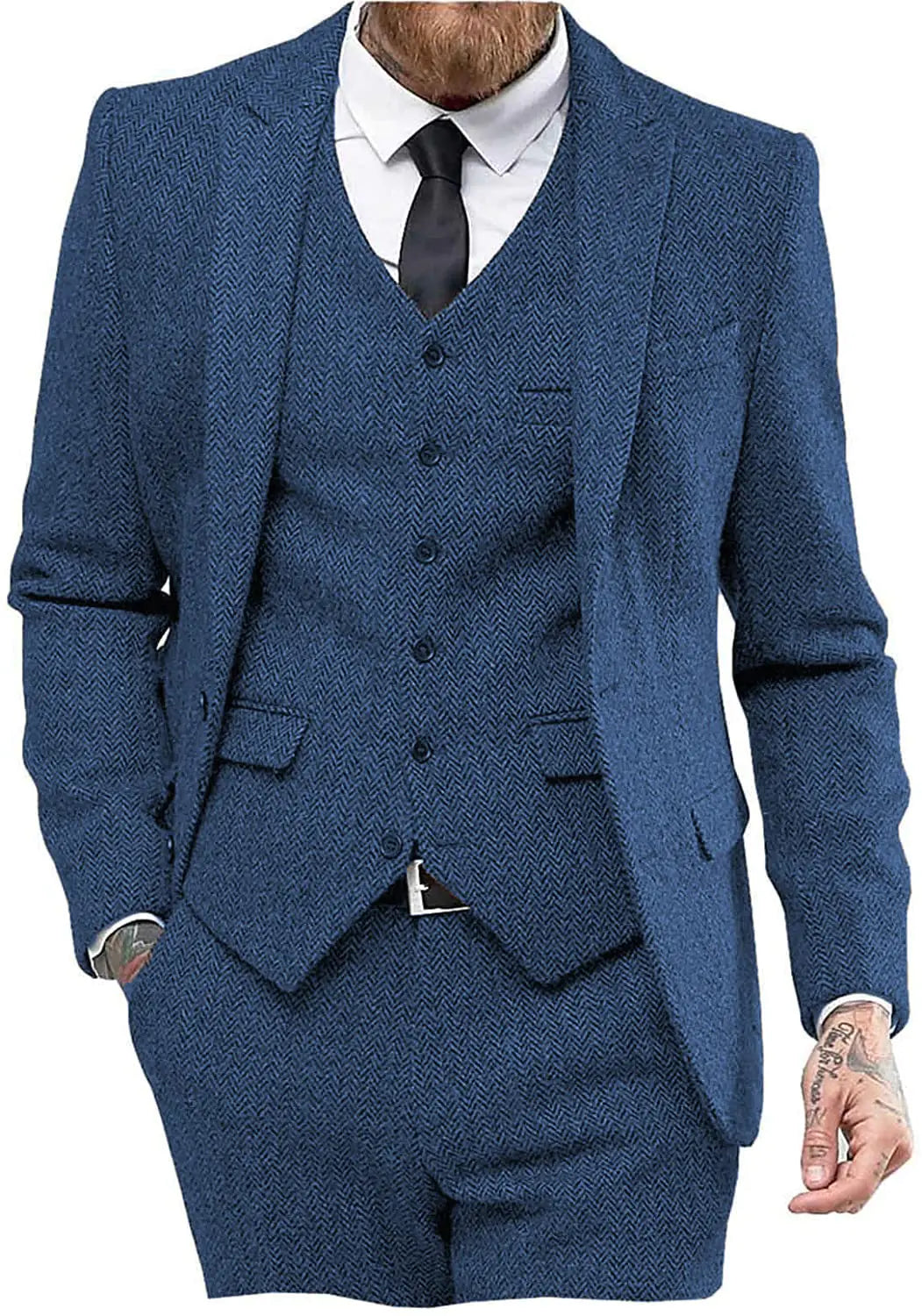 Men's Tweed Herringbone Wedding Suit - 3 Piece Tuxedo (Size 34)