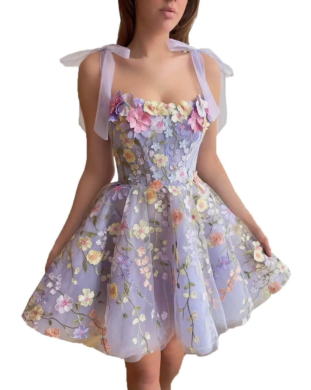 Fairy Bloom Floral Embroidered Dress – Pastel Tulle Mini with Bow Straps