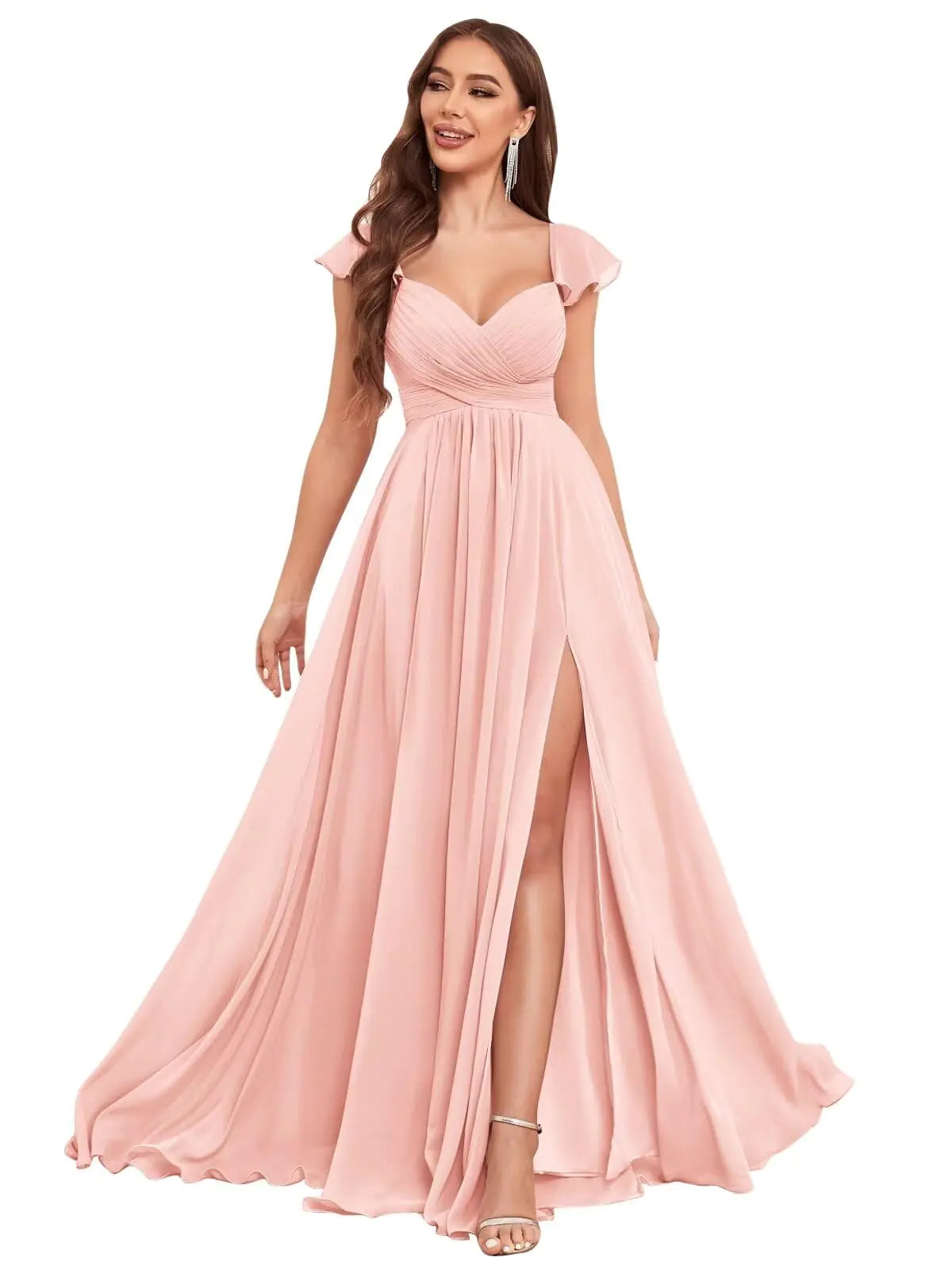 Blush Whisper Flutter Sleeve Gown – Ruched Bodice Maxi Dress with Slit