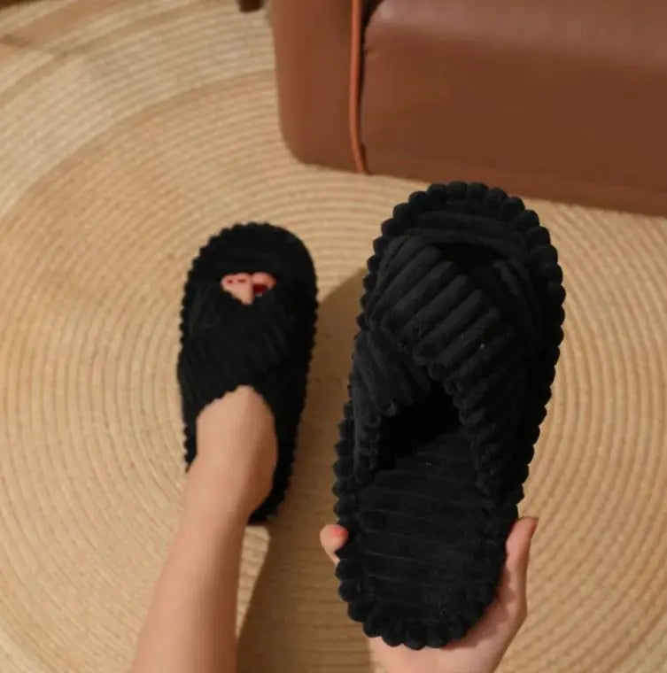 CloudSoft Corduroy Cross Slippers – Black Plush Slides