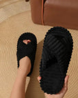 CloudSoft Corduroy Cross Slippers – Black Plush Slides