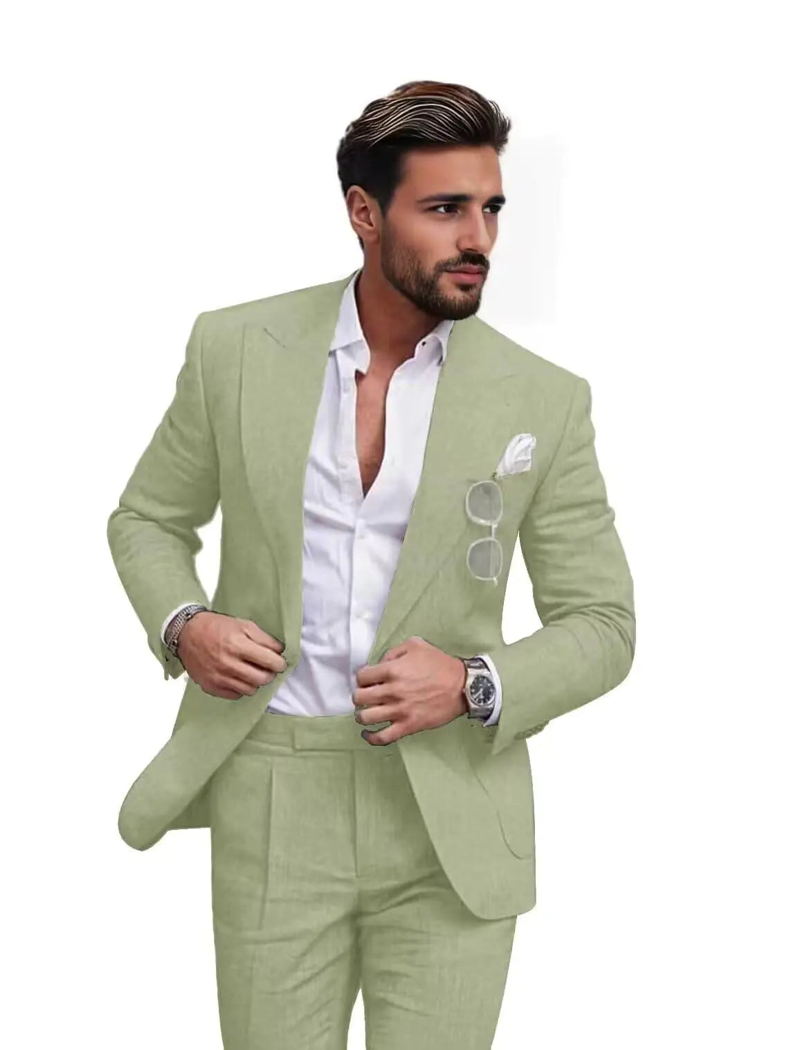 Light Green Linen Suit for Men - Slim Fit 2 Piece Set X-Large