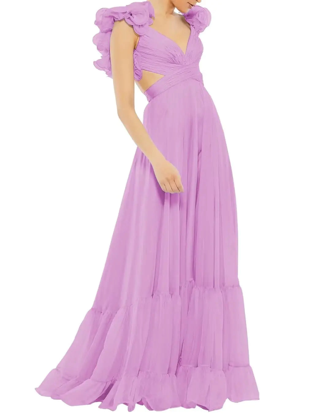Lilac V Neck Chiffon Dress with Ruffles