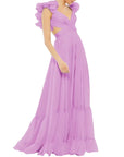 Lilac V Neck Chiffon Dress with Ruffles